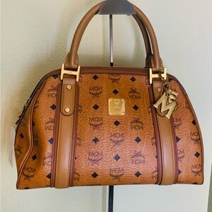 MCM Cognac Brown Visetos Dome Satchel with Gold Hardware